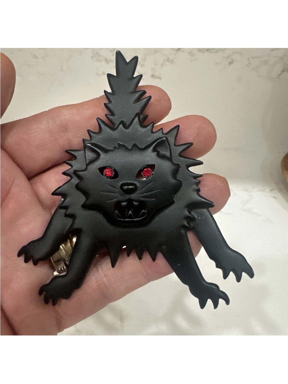 Vintage JJ Stamped Halloween Scaredy Black Cat Brooch, Goth, Red Rhinestone Eyes